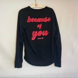 Varsity style lettering “because of you” dutch bros tee shirt!